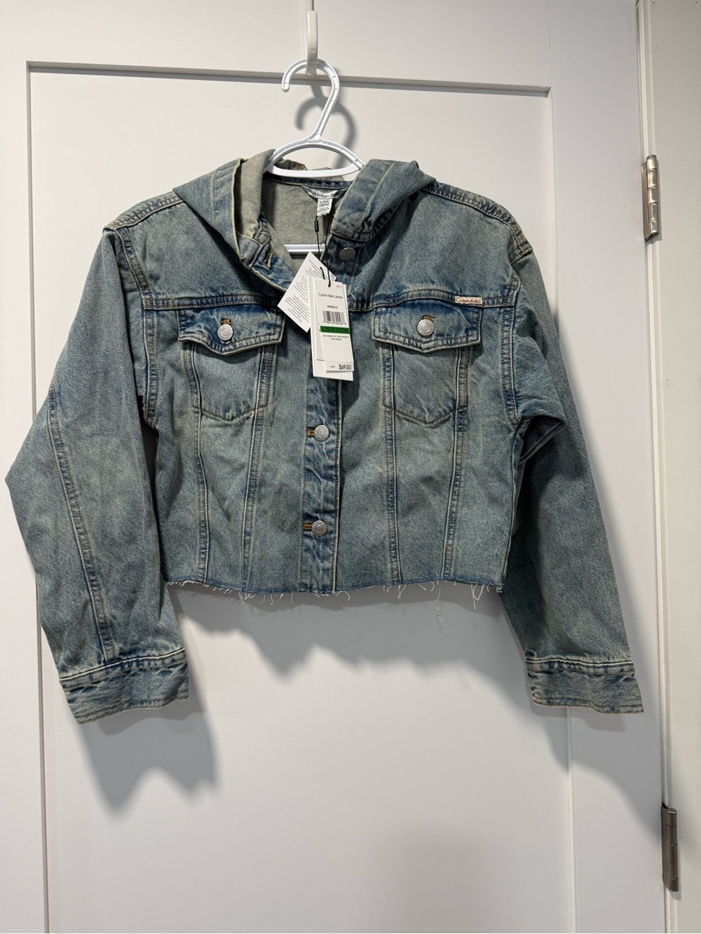 Calvin Klein Light Wash Denim Hooded Cropped Jacket